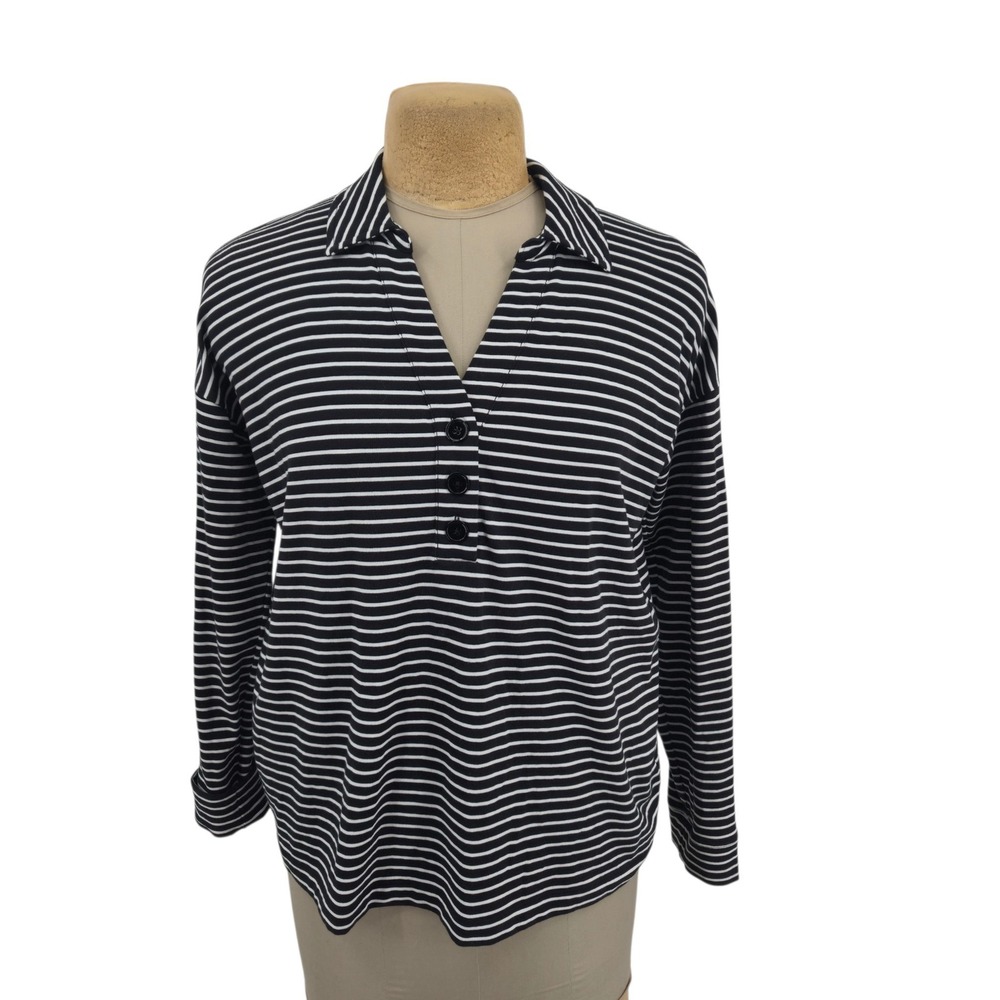 J.Jill Fit Henley Top Women M Black White Striped Long Sleeve Pullover Preppy